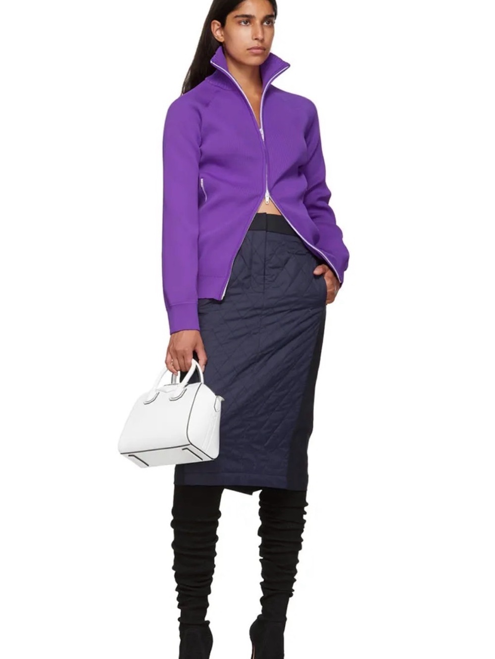 Tibi Quilted Midi Pencil Skirt in Navy